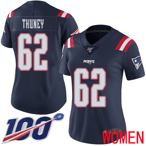 New England Patriots Football 62 100th Season Rush Limited Navy Blue Women Joe Thuney NFL Jersey